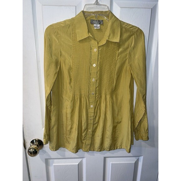 Territory Ahead tunic top Womens Petite S Chartreuse Silk Blend Pin Tuck Pleated - Picture 8 of 8